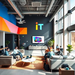A modern and sleek design for an IT company office, featuring an open layout with stylish furniture, a large screen displaying the company's logo, colorful accent walls promoting creativity and innovation, and tech gadgets scattered around