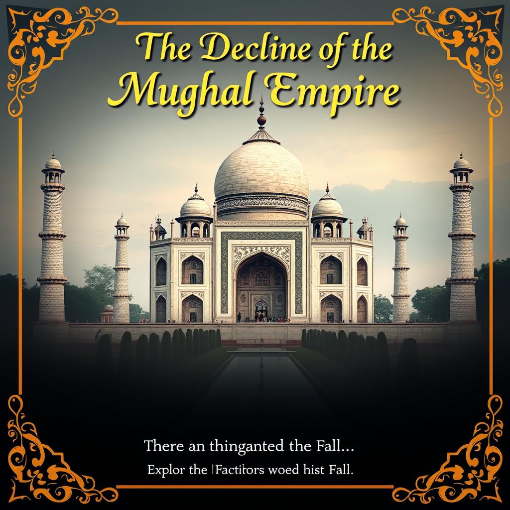 An engaging and visually striking cover page for a history project titled "The Decline of the Mughal Empire"