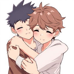 Two anime boys hugging tightly, showcasing their soft, shiny lips and beautiful, clear features