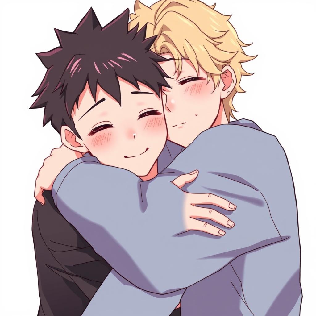 Two anime boys hugging tightly, showcasing their soft, shiny lips and beautiful, clear features