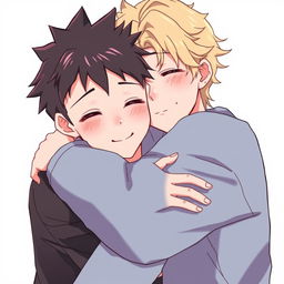 Two anime boys hugging tightly, showcasing their soft, shiny lips and beautiful, clear features