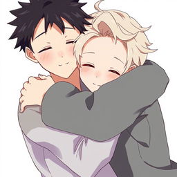 Two anime boys hugging tightly, showcasing their soft, shiny lips and beautiful, clear features