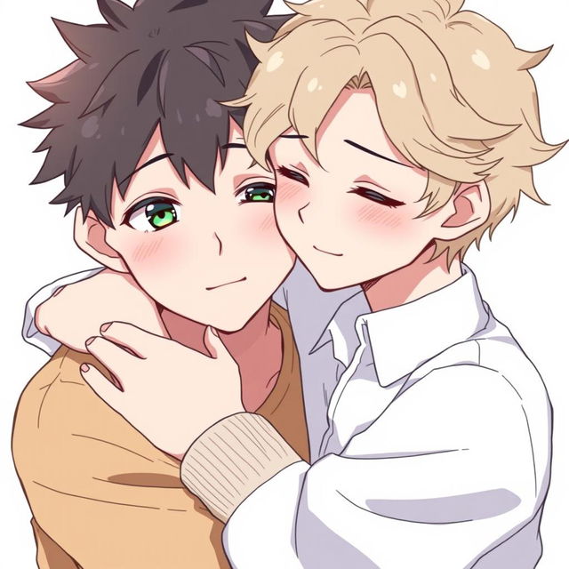 Two anime boys hugging tightly, showcasing their soft, shiny lips and beautiful, clear features