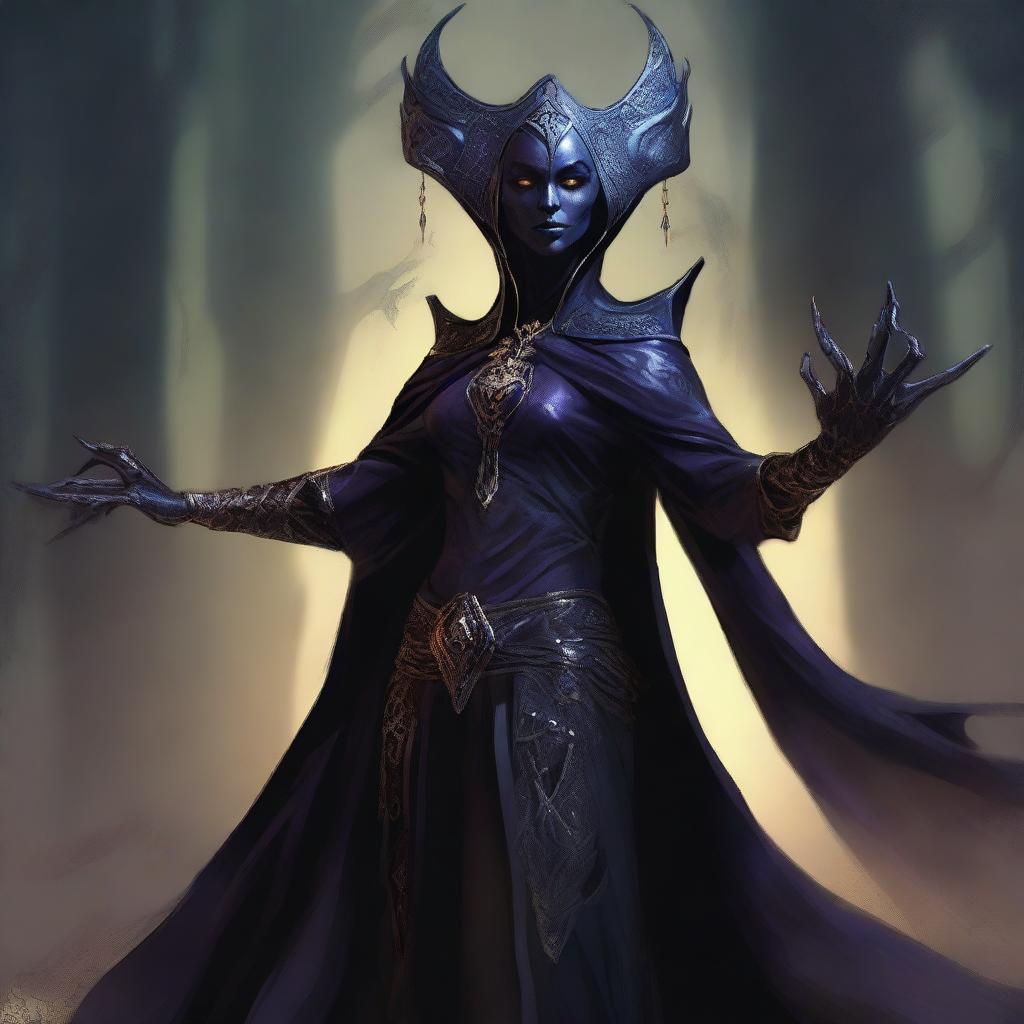 A high-quality digital art image showcasing a female dark elf necromancer