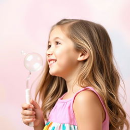 A profile view of a smiling 5-year-old girl holding a medium-sized bubble stick
