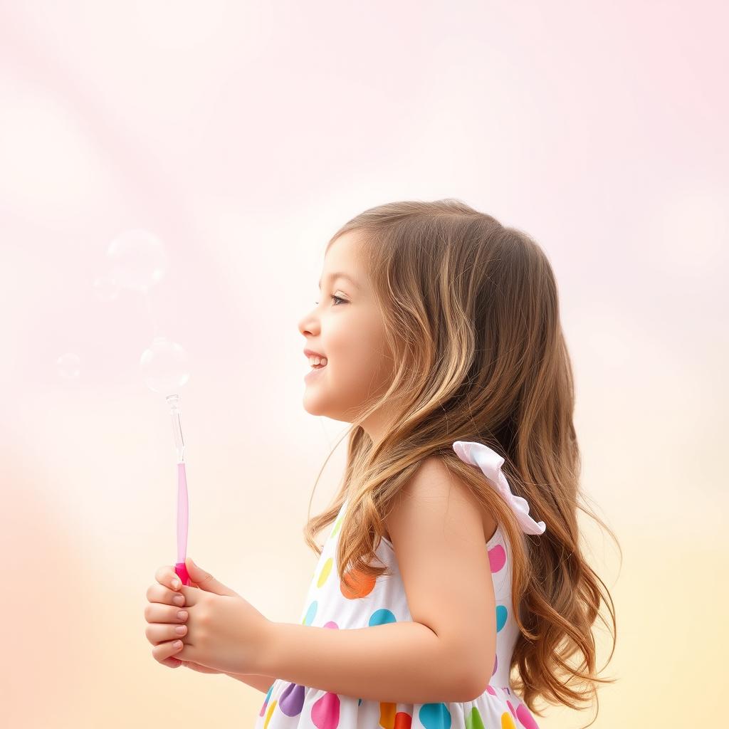 A profile view of a smiling 5-year-old girl holding a medium-sized bubble stick