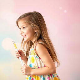 A profile view of a smiling 5-year-old girl holding a medium-sized bubble stick