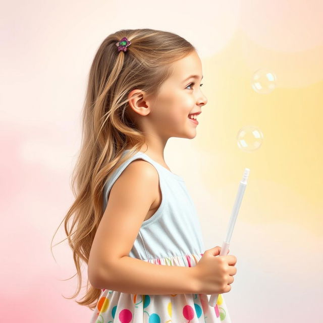 A profile view of a smiling 5-year-old girl holding a medium-sized bubble stick