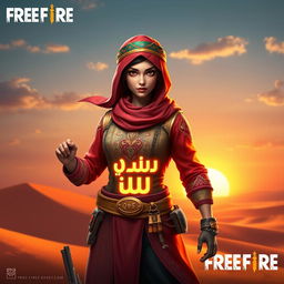A striking Arabic character design for a Free Fire video game, featuring a strong and confident warrior with a traditional headscarf, intricately embroidered clothing in vibrant colors, and stylish combat gear