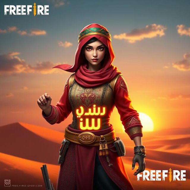 A striking Arabic character design for a Free Fire video game, featuring a strong and confident warrior with a traditional headscarf, intricately embroidered clothing in vibrant colors, and stylish combat gear