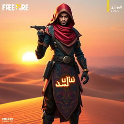A striking Arabic character design for a Free Fire video game, featuring a strong and confident warrior with a traditional headscarf, intricately embroidered clothing in vibrant colors, and stylish combat gear