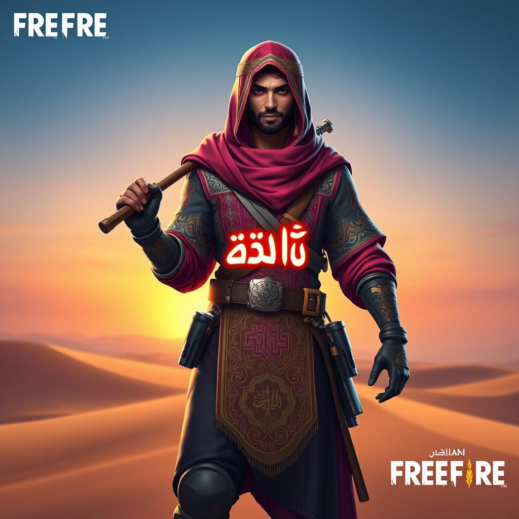 A striking Arabic character design for a Free Fire video game, featuring a strong and confident warrior with a traditional headscarf, intricately embroidered clothing in vibrant colors, and stylish combat gear