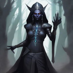 A high-quality digital art image showcasing a female dark elf necromancer