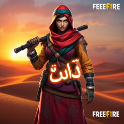 A striking Arabic character design for a Free Fire video game, featuring a strong and confident warrior with a traditional headscarf, intricately embroidered clothing in vibrant colors, and stylish combat gear