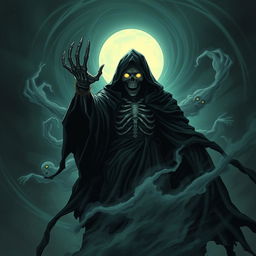 A stylized, powerful depiction of the personification of Death, reborn and rising from the shadows, enveloped in a dark swirling mist