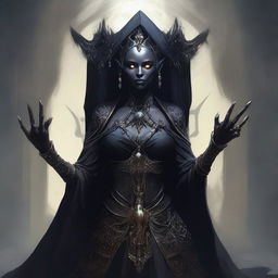 A high-quality digital art image showcasing a female dark elf necromancer