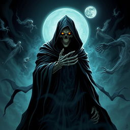 A stylized, powerful depiction of the personification of Death, reborn and rising from the shadows, enveloped in a dark swirling mist
