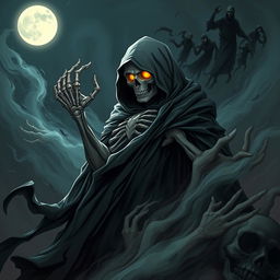 A stylized, powerful depiction of the personification of Death, reborn and rising from the shadows, enveloped in a dark swirling mist