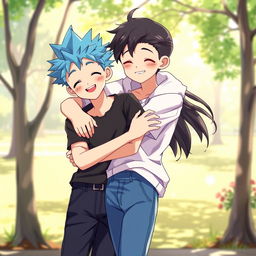 Two anime teenage boys with soft, shiny lips and beautiful, clear features who are smiling gently while hugging each other