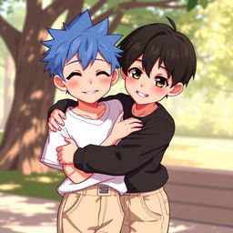 Two anime teenage boys with soft, shiny lips and beautiful, clear features who are smiling gently while hugging each other