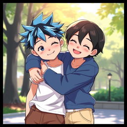 Two anime teenage boys with soft, shiny lips and beautiful, clear features who are smiling gently while hugging each other