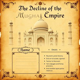 A captivating cover page for a history project specifically on the topic of the decline of the Mughal Empire