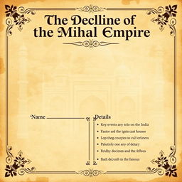 A captivating cover page for a history project specifically on the topic of the decline of the Mughal Empire