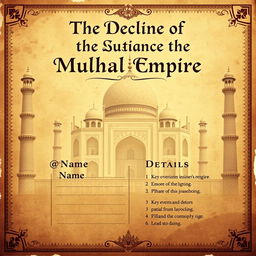 A captivating cover page for a history project specifically on the topic of the decline of the Mughal Empire