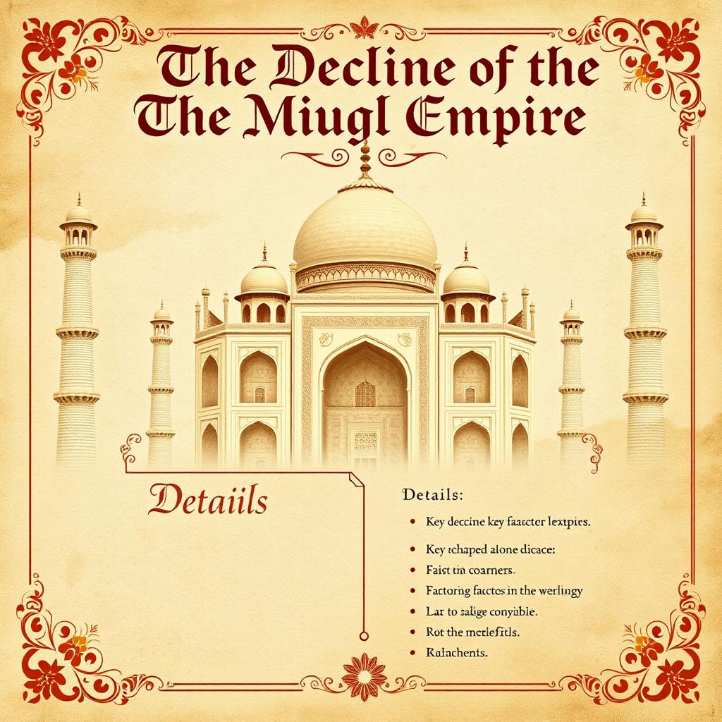 A captivating cover page for a history project specifically on the topic of the decline of the Mughal Empire