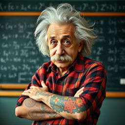 A whimsical portrait of Albert Einstein wearing a plaid flannel shirt, showcasing his iconic wild hair and mustache