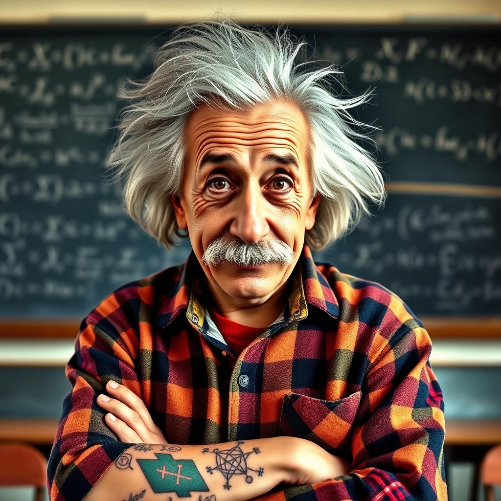 A whimsical portrait of Albert Einstein wearing a plaid flannel shirt, showcasing his iconic wild hair and mustache