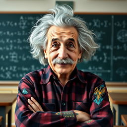 A whimsical portrait of Albert Einstein wearing a plaid flannel shirt, showcasing his iconic wild hair and mustache