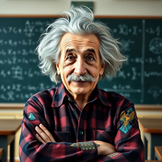 A whimsical portrait of Albert Einstein wearing a plaid flannel shirt, showcasing his iconic wild hair and mustache