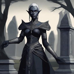 A highest quality digital art image of a female dark elf cemetery custodian