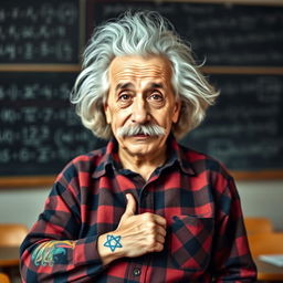 A whimsical portrait of Albert Einstein wearing a plaid flannel shirt, showcasing his iconic wild hair and mustache