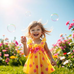 A whimsical scene depicting a 5-year-old girl joyfully playing with colorful soap bubbles in a sunlit garden