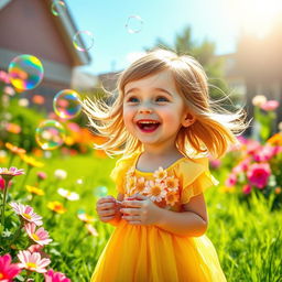 A whimsical scene depicting a 5-year-old girl joyfully playing with colorful soap bubbles in a sunlit garden