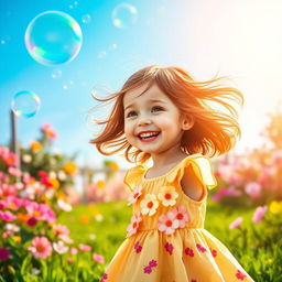 A whimsical scene depicting a 5-year-old girl joyfully playing with colorful soap bubbles in a sunlit garden