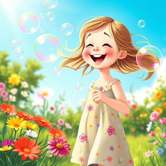 A whimsical scene depicting a 5-year-old girl joyfully playing with colorful soap bubbles in a sunlit garden