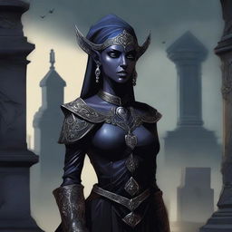 A highest quality digital art image of a female dark elf cemetery custodian