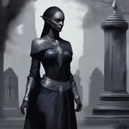 A highest quality digital art image of a female dark elf cemetery custodian