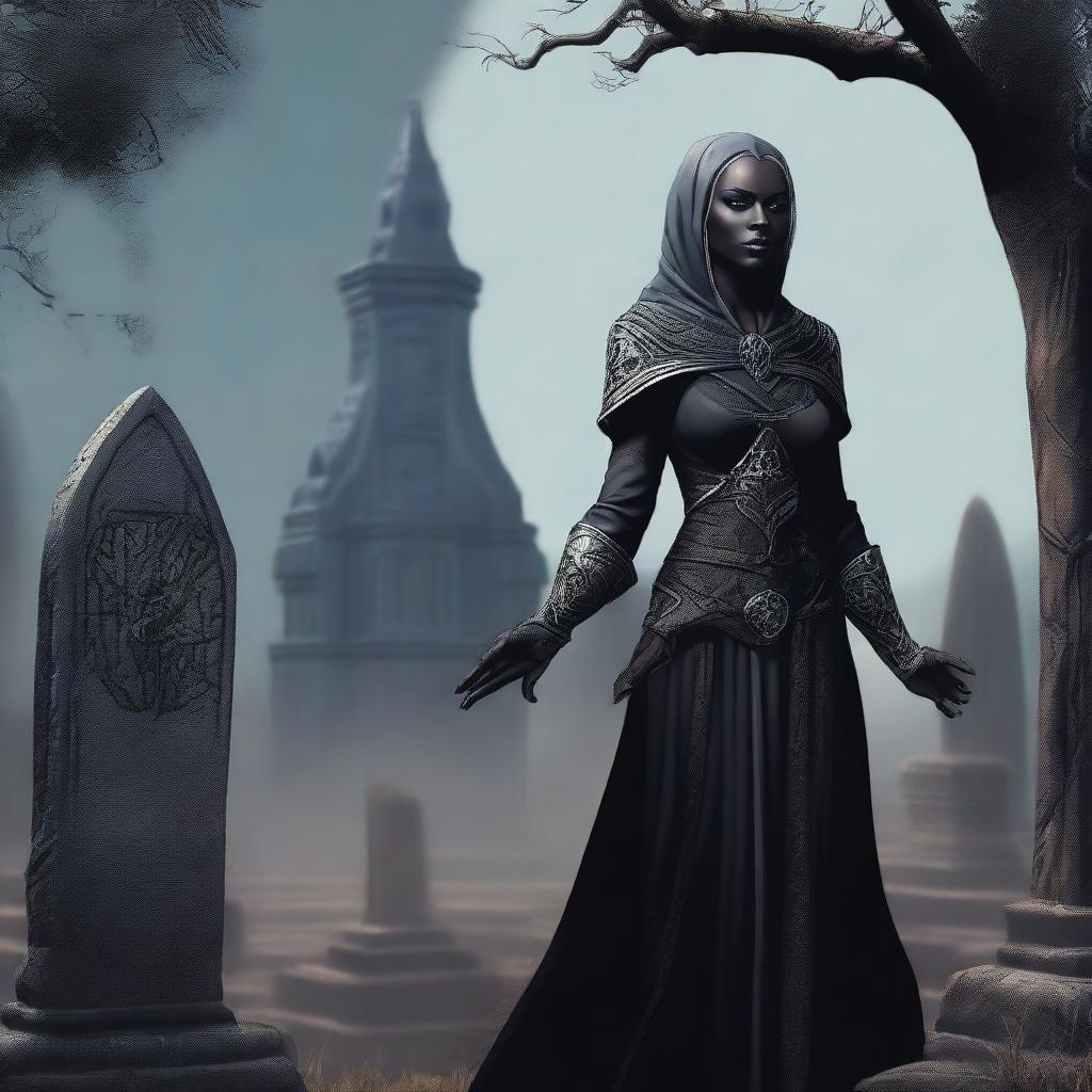 A highest quality digital art image of a female dark elf cemetery custodian