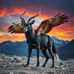 A majestic hybrid animal that combines the powerful features of an eagle, a sable antelope, and a wolf