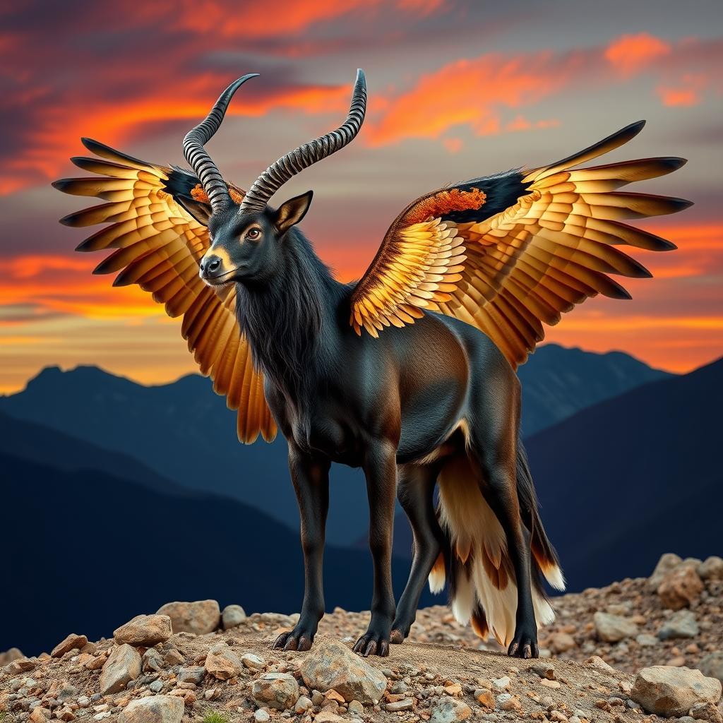 A majestic hybrid animal that combines the powerful features of an eagle, a sable antelope, and a wolf