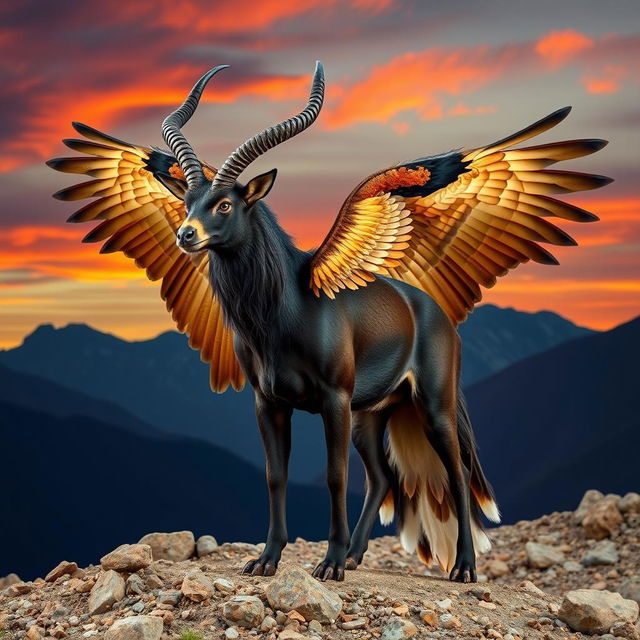 A majestic hybrid animal that combines the powerful features of an eagle, a sable antelope, and a wolf