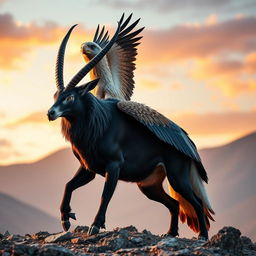 A majestic hybrid animal that combines the powerful features of an eagle, a sable antelope, and a wolf