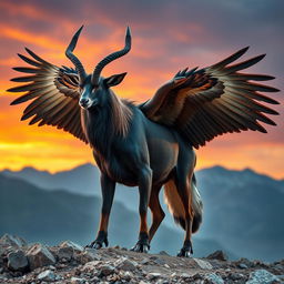A majestic hybrid animal that combines the powerful features of an eagle, a sable antelope, and a wolf
