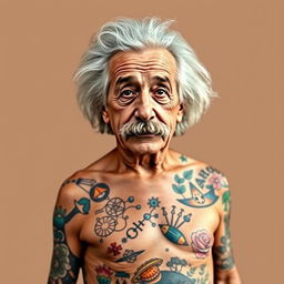 A striking portrait of Albert Einstein without a flannel shirt, showcasing his iconic wild hair and mustache