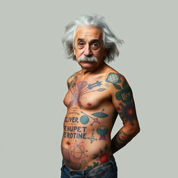 A striking portrait of Albert Einstein without a flannel shirt, showcasing his iconic wild hair and mustache