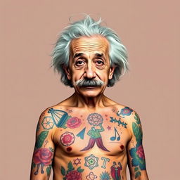 A striking portrait of Albert Einstein without a flannel shirt, showcasing his iconic wild hair and mustache